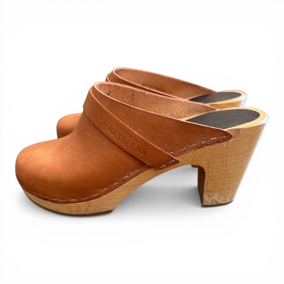 Swedish Hasbeens Shoes - Swedish Hasbeens‎ Classic Slip On High Heel Clogs Brown Leather EU 39